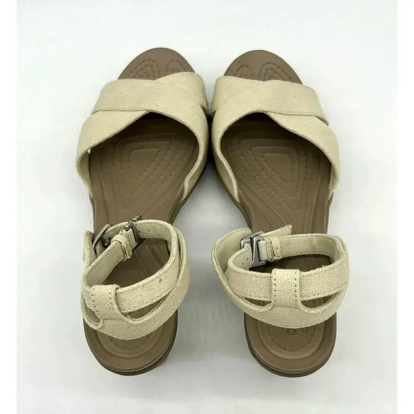 Crocs Leigh II Cross Strap Ankle Wedge Sandals Womens Size 10 Beige Shoes 204950 - Picture 8 of 12
